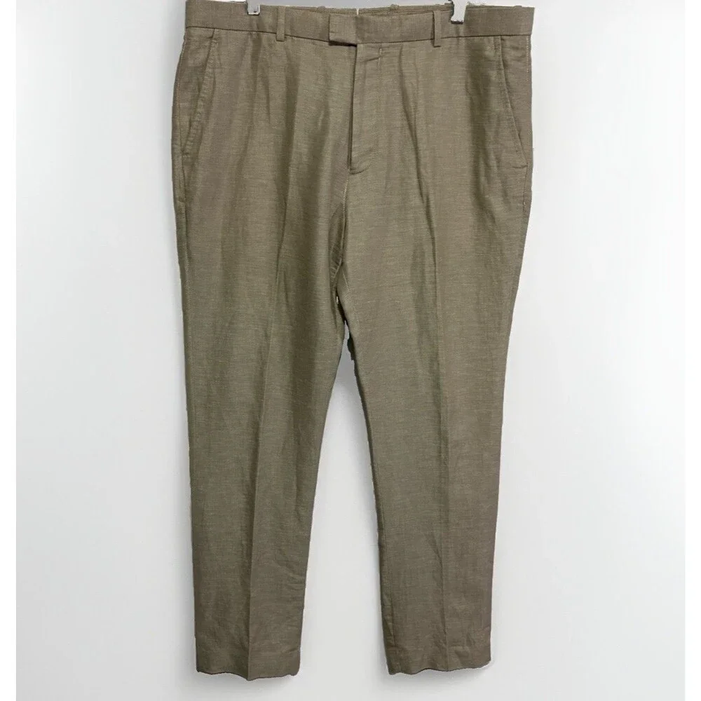 Perry Ellis Pants Mens 36 X 32 Slim Fit Linen Blend Chino Slacks Beige Khaki